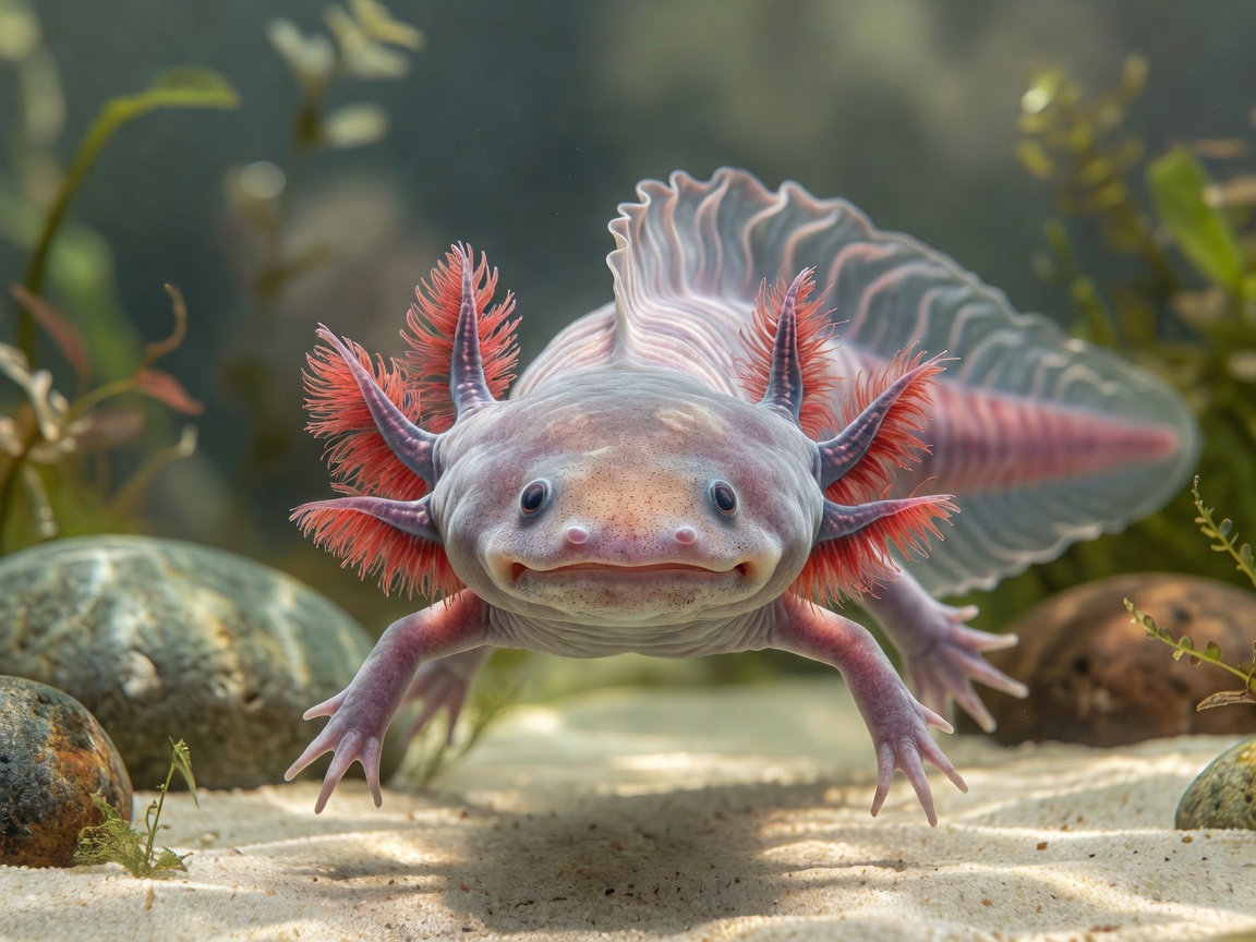 Axolotl displaying dorsal fin and external respiratory gill filaments
