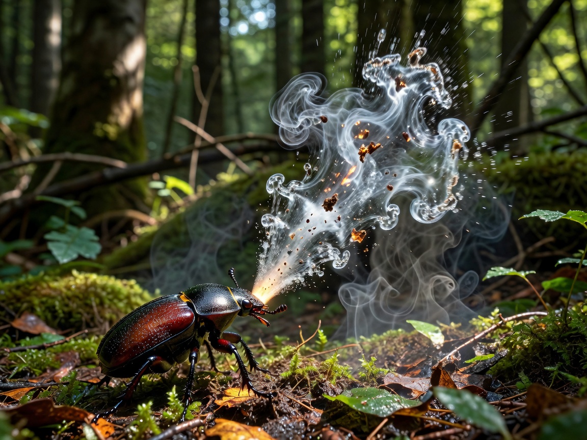 Bombardier beetle discharging hot defensive chemical jet in forest