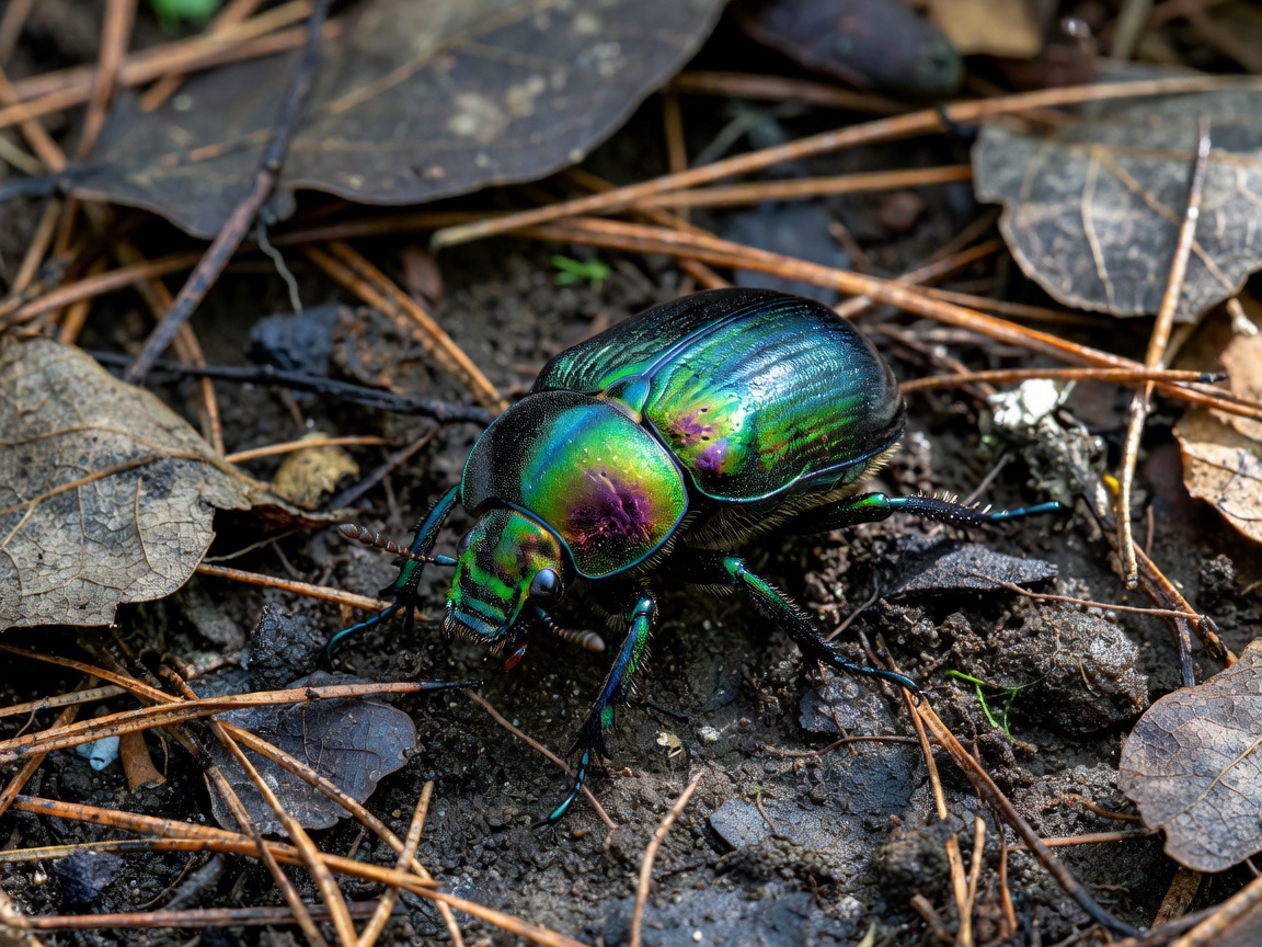 Bombardier beetle resting with iridescent defensive armor