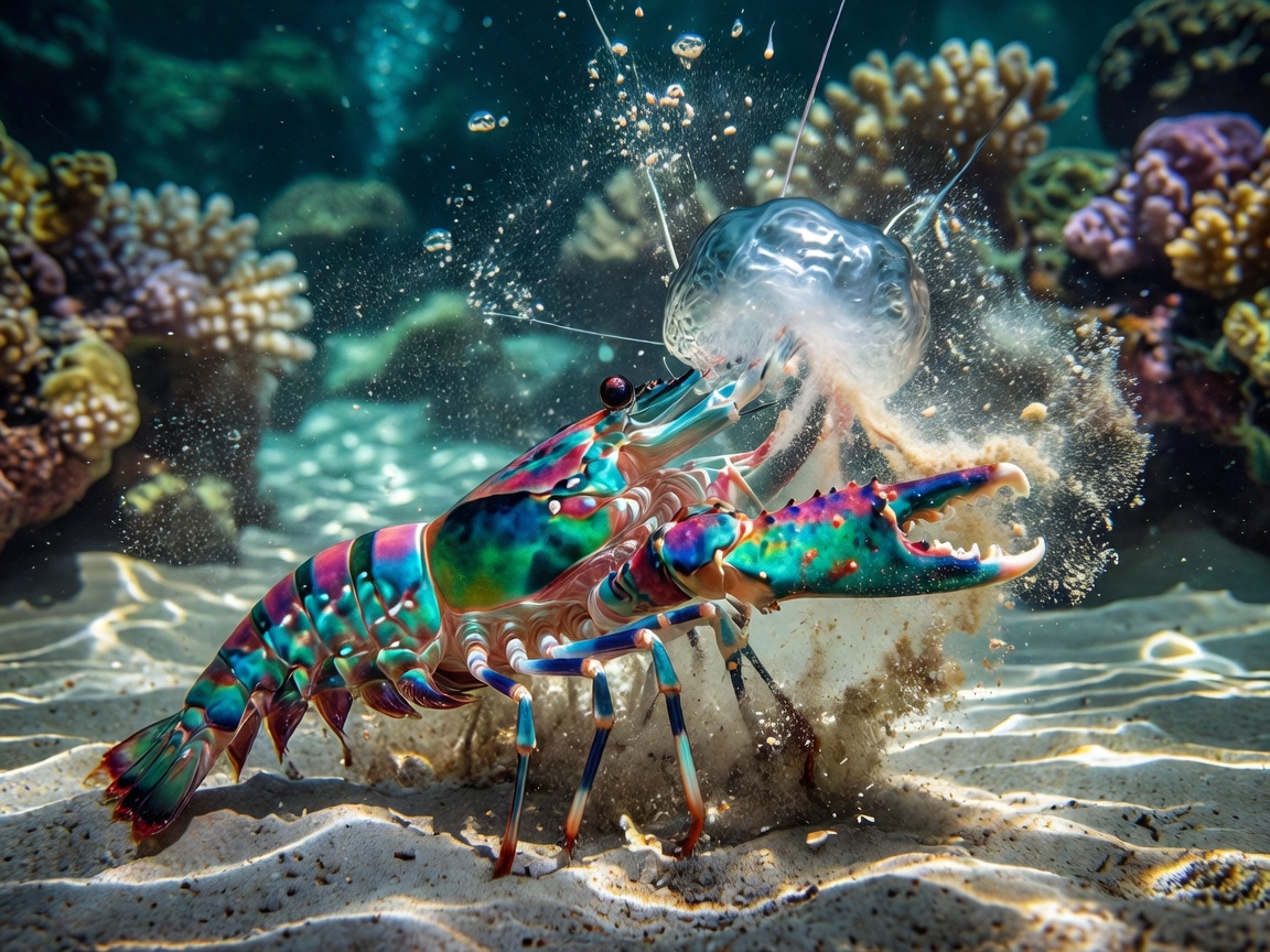 Mantis Shrimp striking underwater with extreme kinetic energy