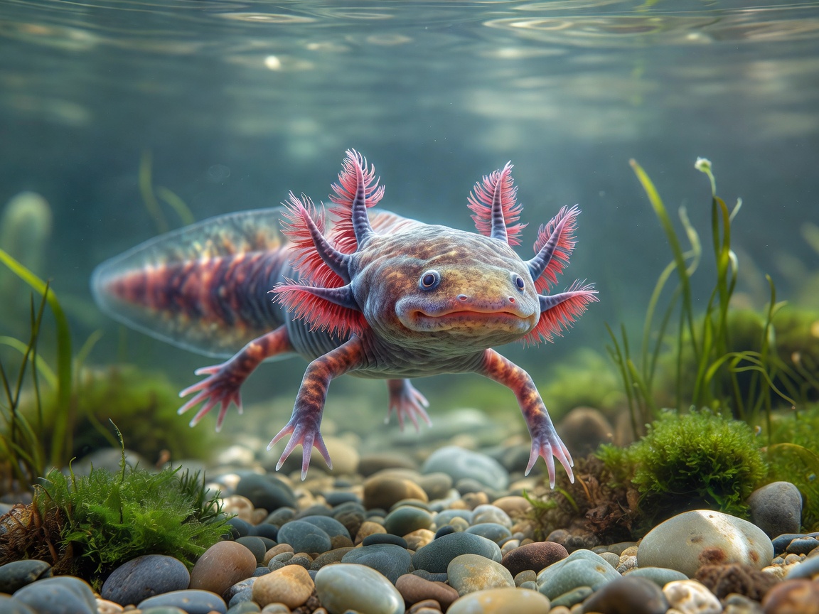 Mexican Axolotl swimming in freshwater with external feathery gills