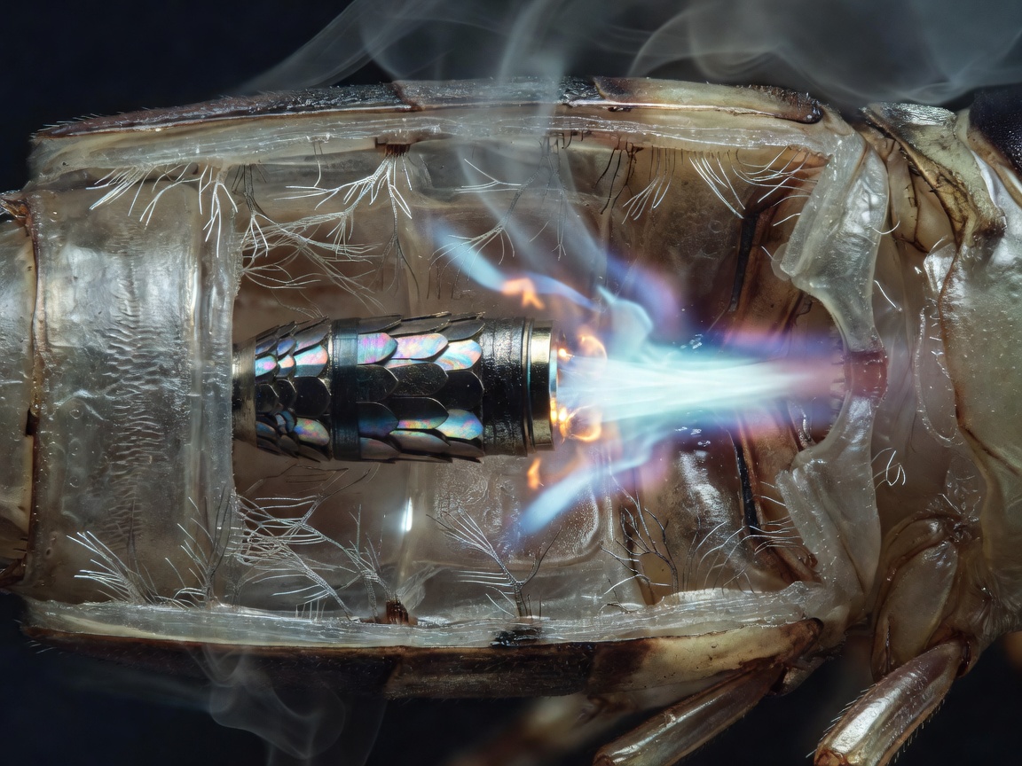 Micro-combustion chamber diagram in arthropod abdomen showing binary valves