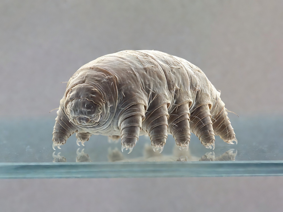 Microscopic tardigrade specimen showing clawed appendages and compact cuticle