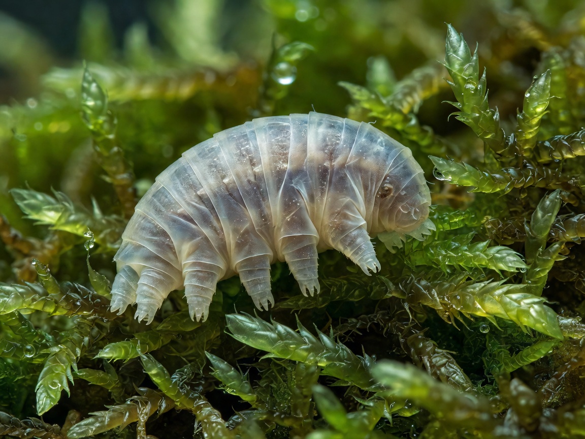 Microscopic tardigrade water bear structure visualized on moss surface