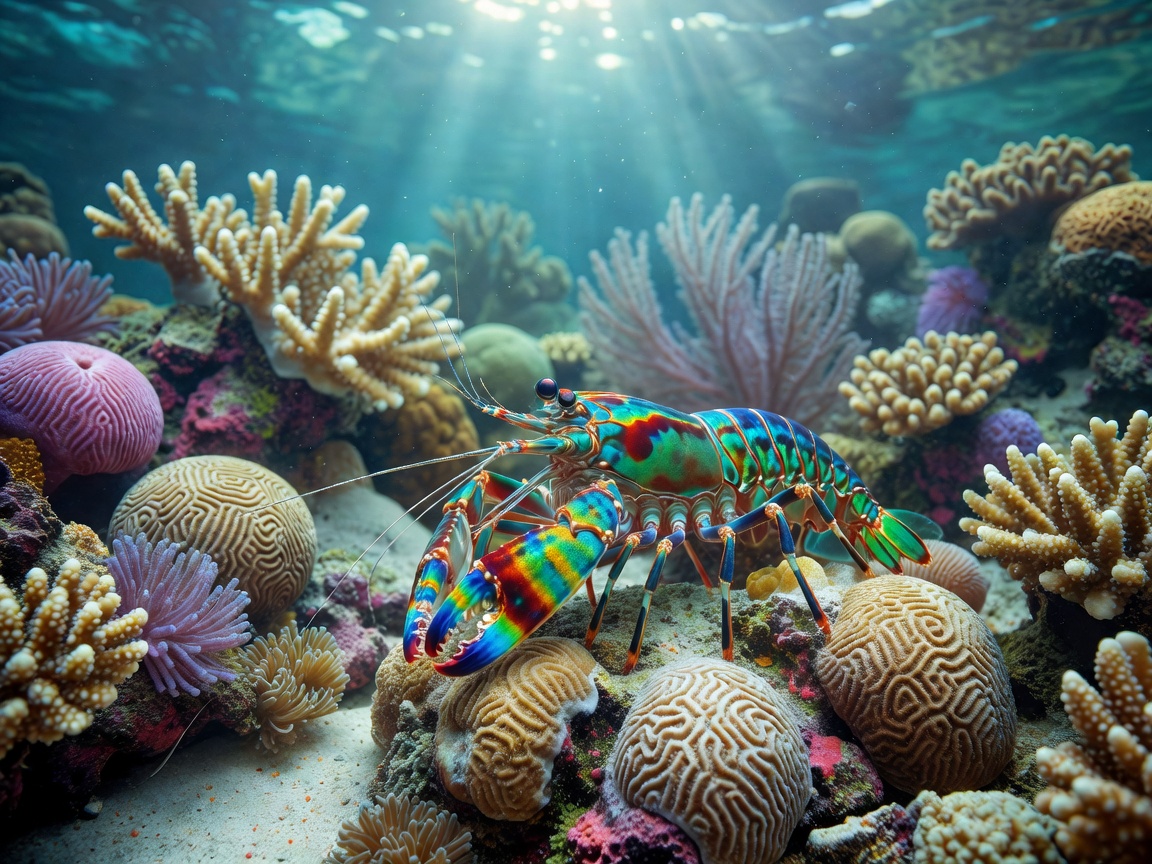 Peacock Mantis Shrimp in natural ocean coral habitat