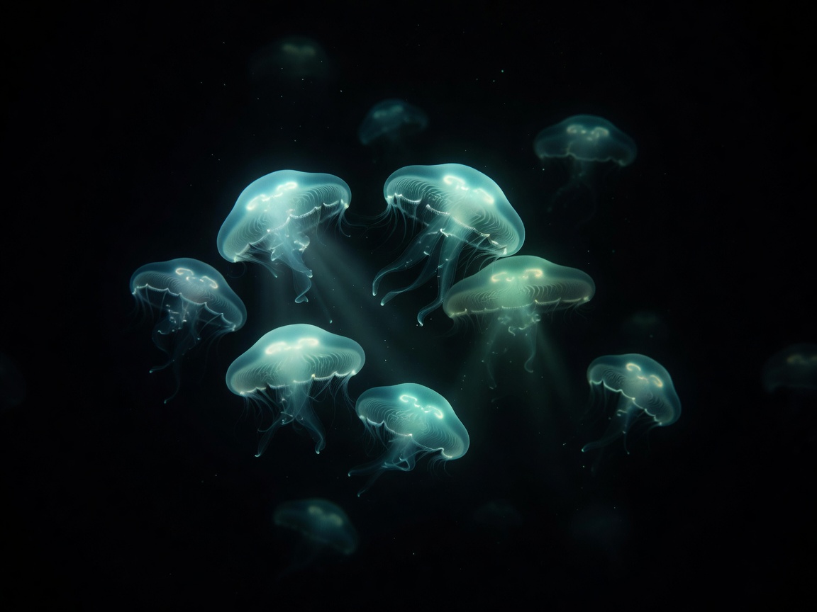 Translucent bioluminescent Immortal Jellyfish pulsating in deep ocean
