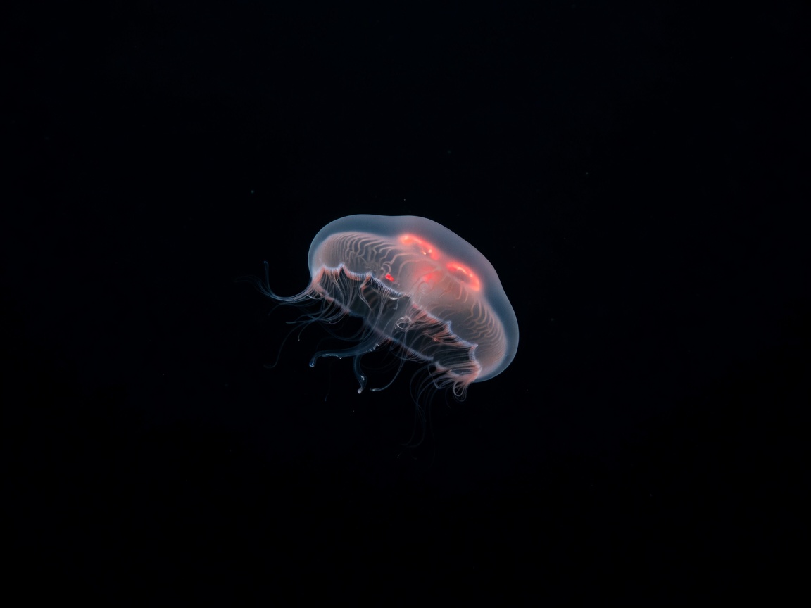 Turritopsis dohrnii floating in oceanic suspension with glowing red digestive center