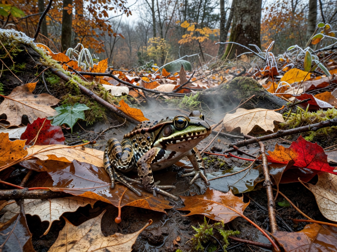Wood frog poised in damp autumn forest leaves prior to winter freeze