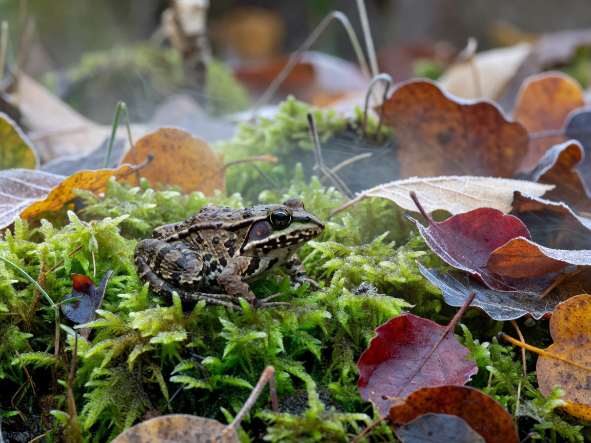 Wood frog resting on damp mossy forest floor in early winter